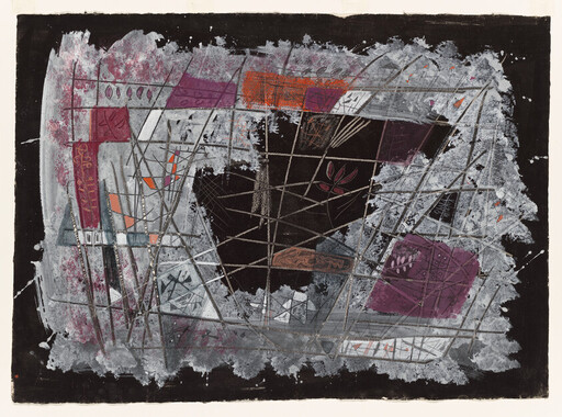 Abstract mixed-media composition with crisscrossing lines framing a dark central void and purple blocks.