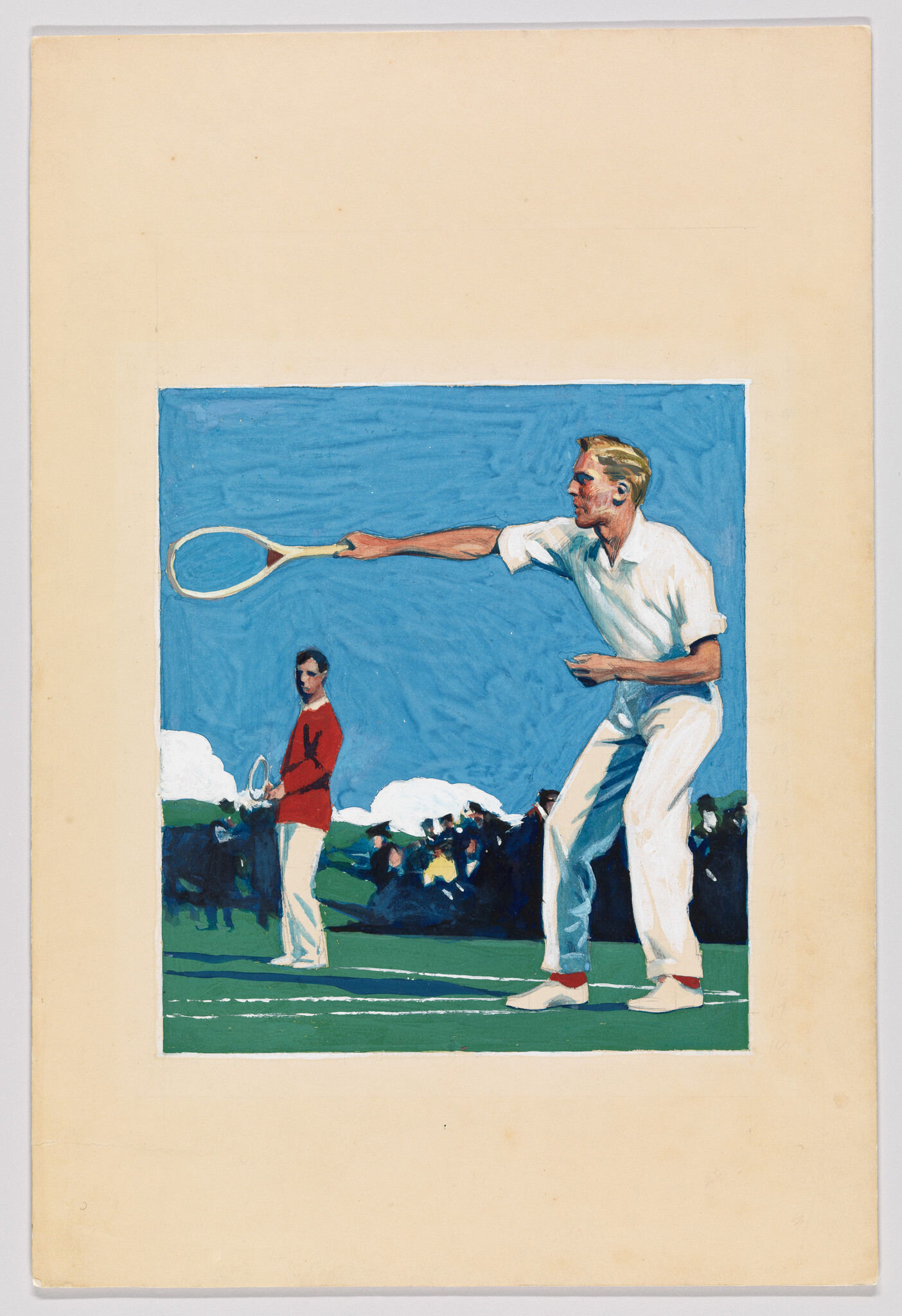 Male tennis player in white stretches to hit a ball while opponent watches on a grass court.