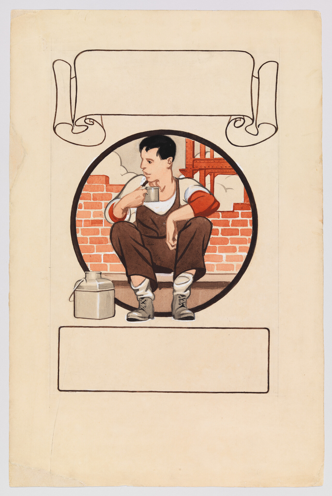 A young construction worker sits on a ledge drinking from a mug during a break.