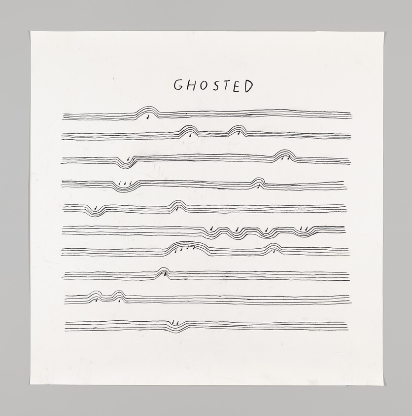 Hand-drawn wavy horizontal lines with small marks and the word "GHOSTED" written at the top.