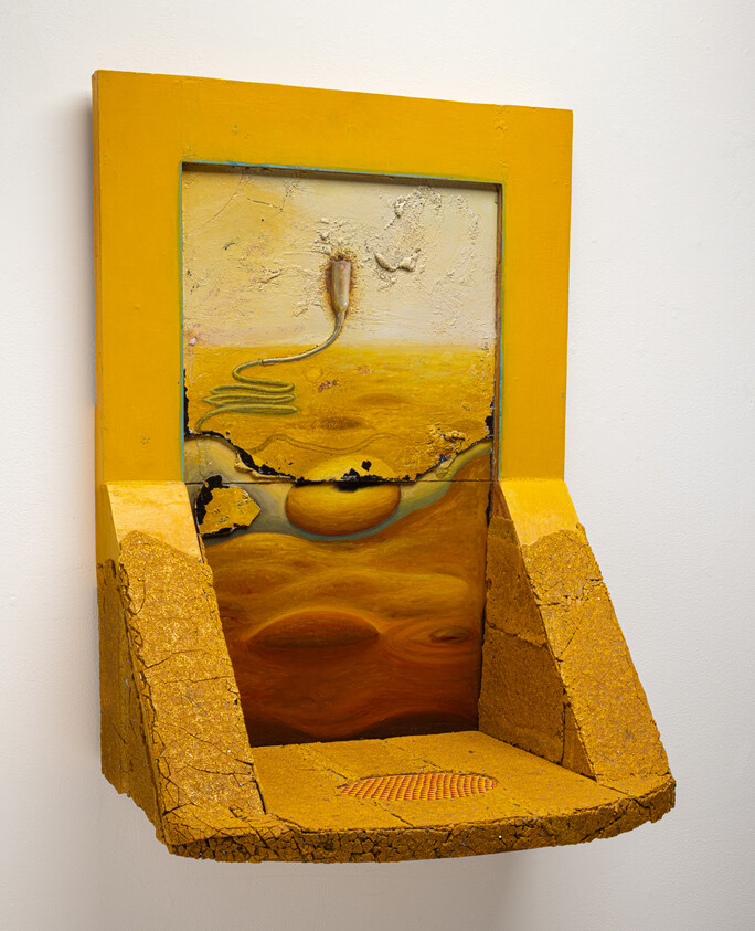 Yellow wall-mounted mixed-media sculpture with textured basin and abstract orange landscape painting inside.