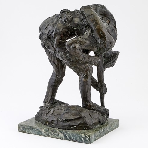 Bronze sculpture of a person bending forward, carrying a heavy load, on a marble base.