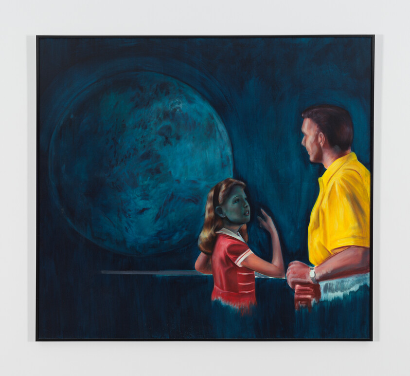 A young girl and man stand by a railing looking at a large blue planet in the sky.