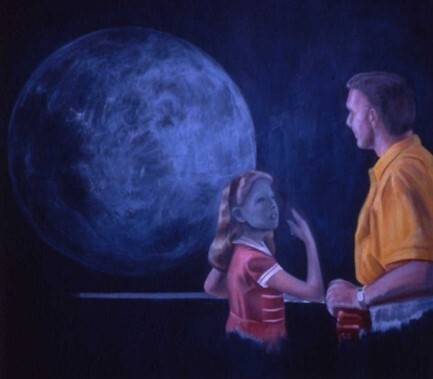 A man and young girl stand at a railing, the girl pointing toward a large glowing moon.