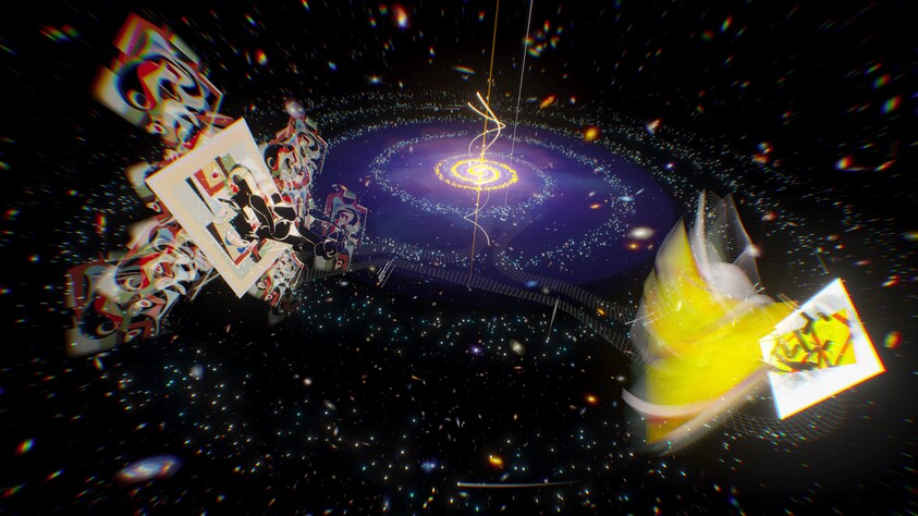 A bright spiral galaxy at center with two swirling abstract panels and particles orbiting around it.