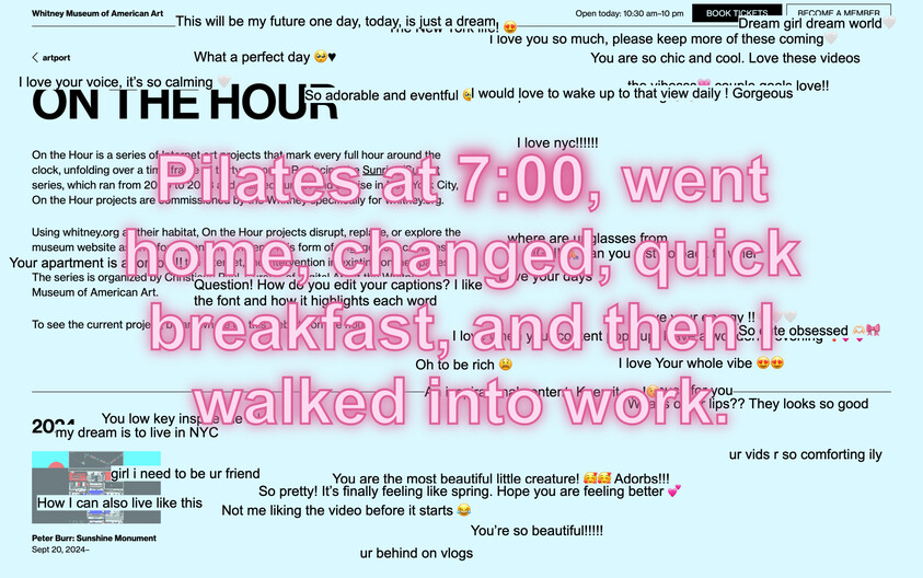 Text collage with a large pink overlay reading, "Pilates at 7:00, went home, changed, quick breakfast, and then I walked into work."