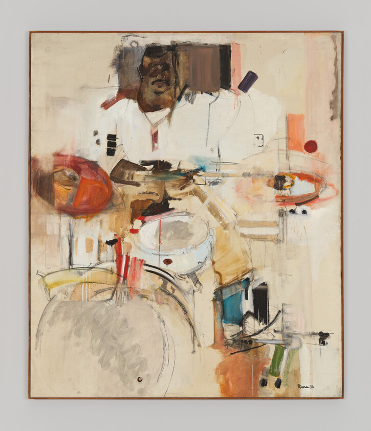 A loosely painted drummer sits behind a drum kit, mid-performance with brushes of color.