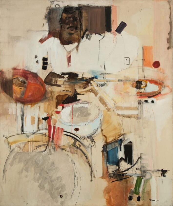 A person playing a drum set, shown in an abstract painting with bold colors and loose brushstrokes.