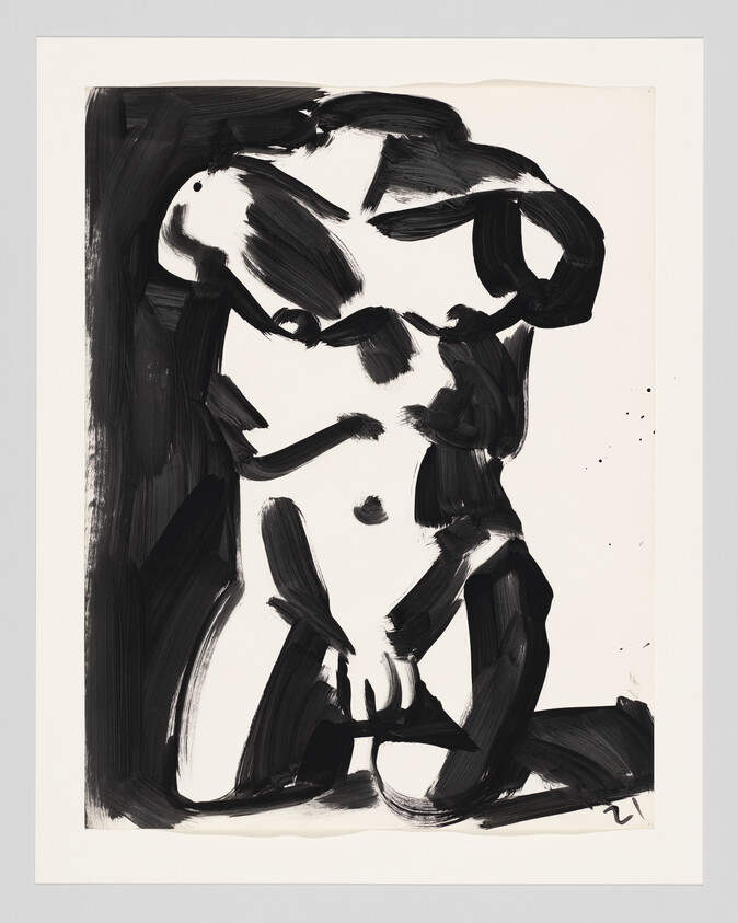 Bold black brushstrokes forming a seated nude torso with hands near the groin.