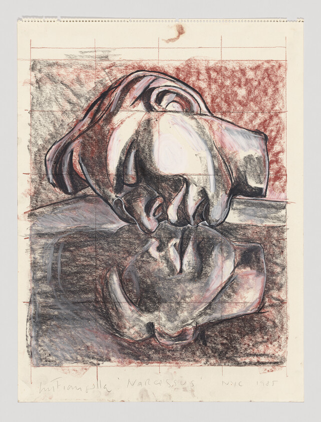 A large, abstract head shape leans over and looks at its own reflection in the water below.
