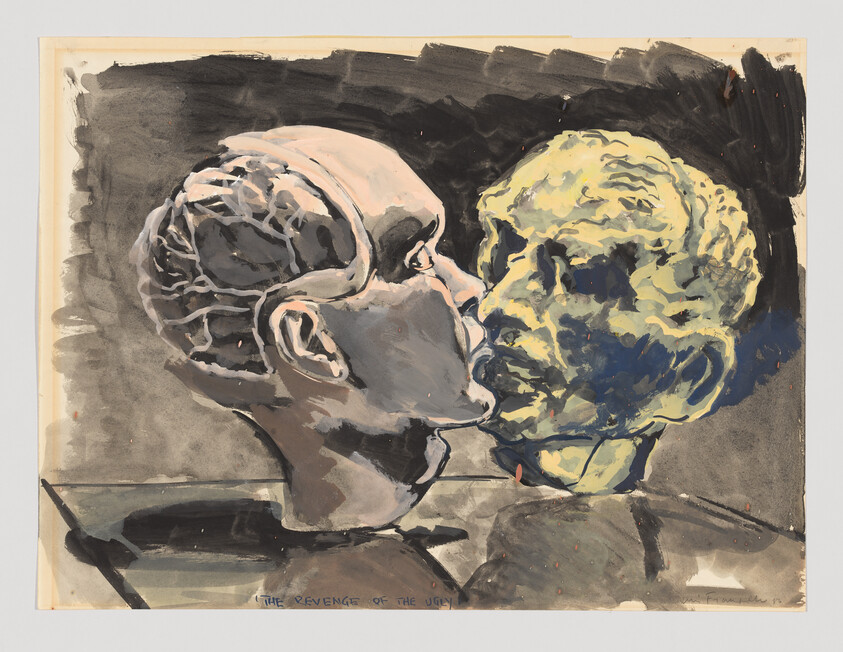 Two sculpted heads face each other closely, one with exposed brain-like details and the other painted yellow.