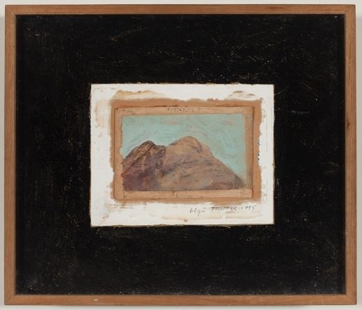 Framed painting of a mountain with a blue sky, surrounded by a black border. Signed and dated 1975 at the bottom.