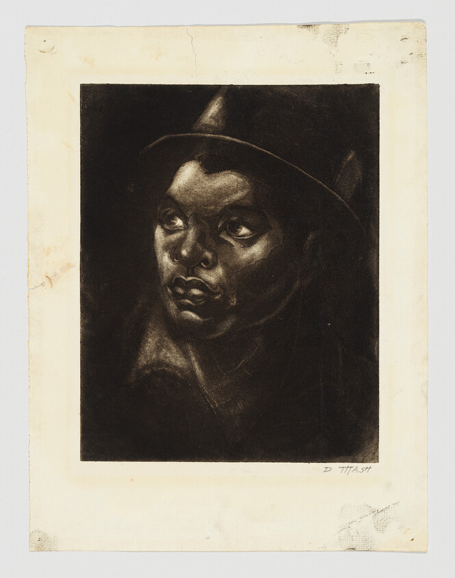 A dark charcoal portrait of a person wearing a hat and looking upward to the left.