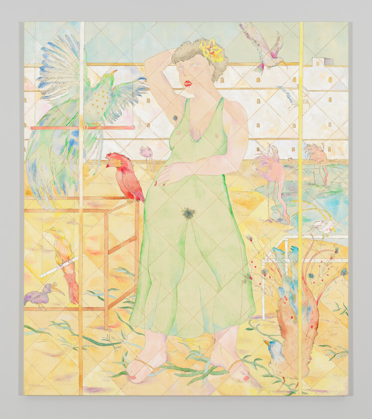 A woman in a green dress stands with hand on head and hand on belly surrounded by colorful birds.