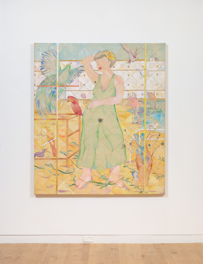 A woman in a green dress stands with hand on her head amid colorful birds and a beach-like background.