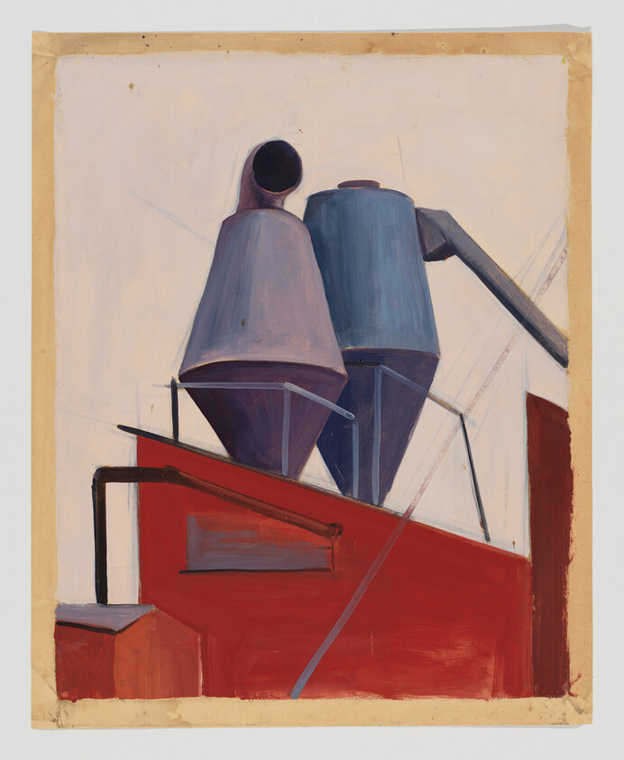 Two large industrial silos stand above a red factory roof with metal pipes and supports.
