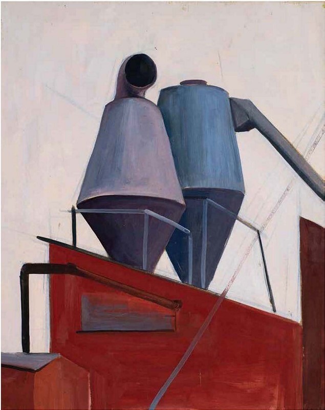 Two large industrial silos stand above a red factory roof with metal pipes and supports.