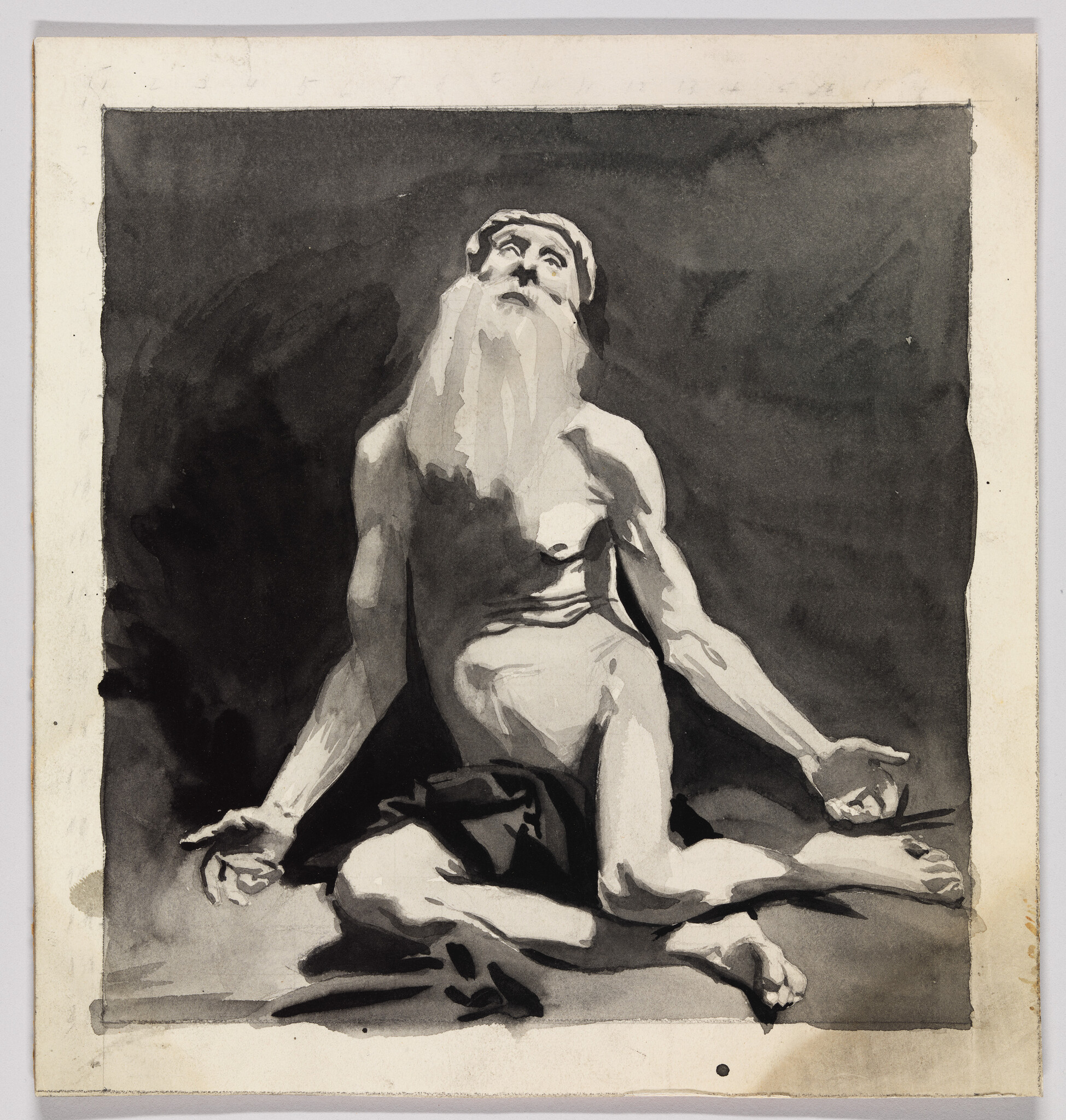 An elderly bearded man kneels with arms outstretched and eyes turned upward in supplication.