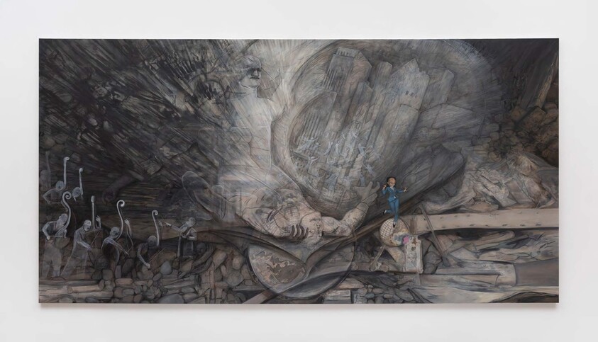 A small figure stands on a globe amid a giant reclining face and surreal, flowing structures.