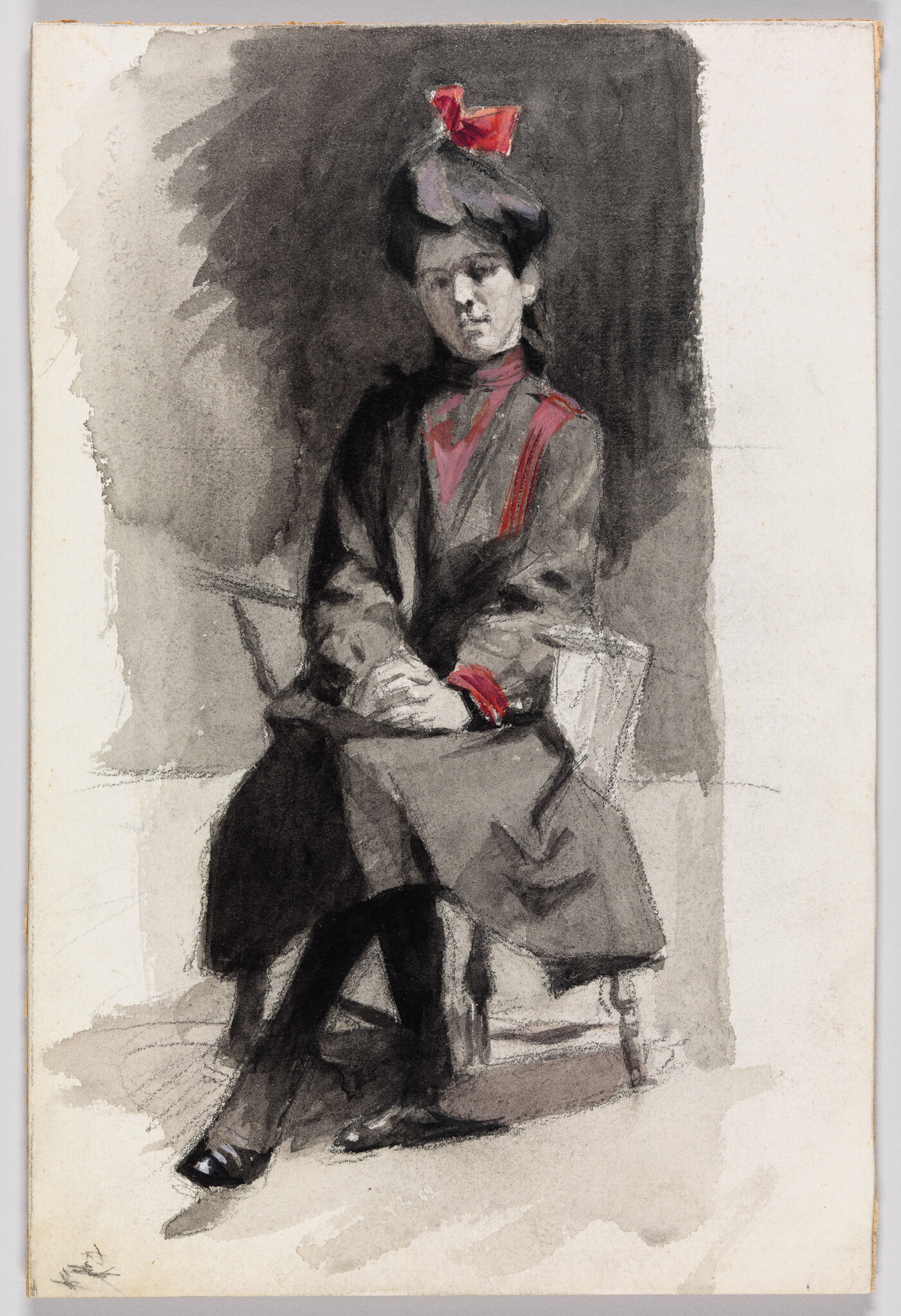 A seated woman wearing a dark dress with red accents and a red bow on her hat.