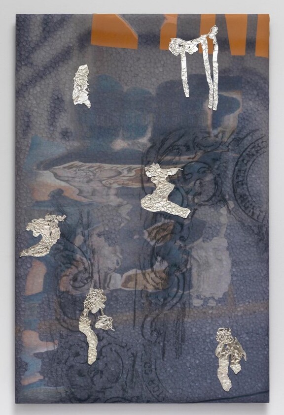 Abstract dark textured panel with scattered crumpled silver foil shapes and an orange strip.