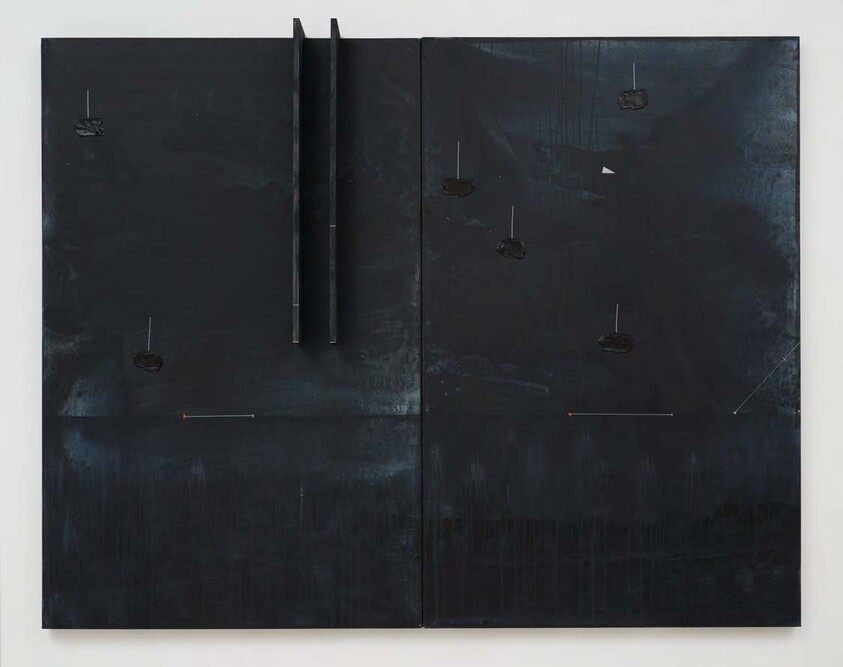 Large dark abstract painting with two vertical panels, raised black strips, small black shapes, and thin white lines.