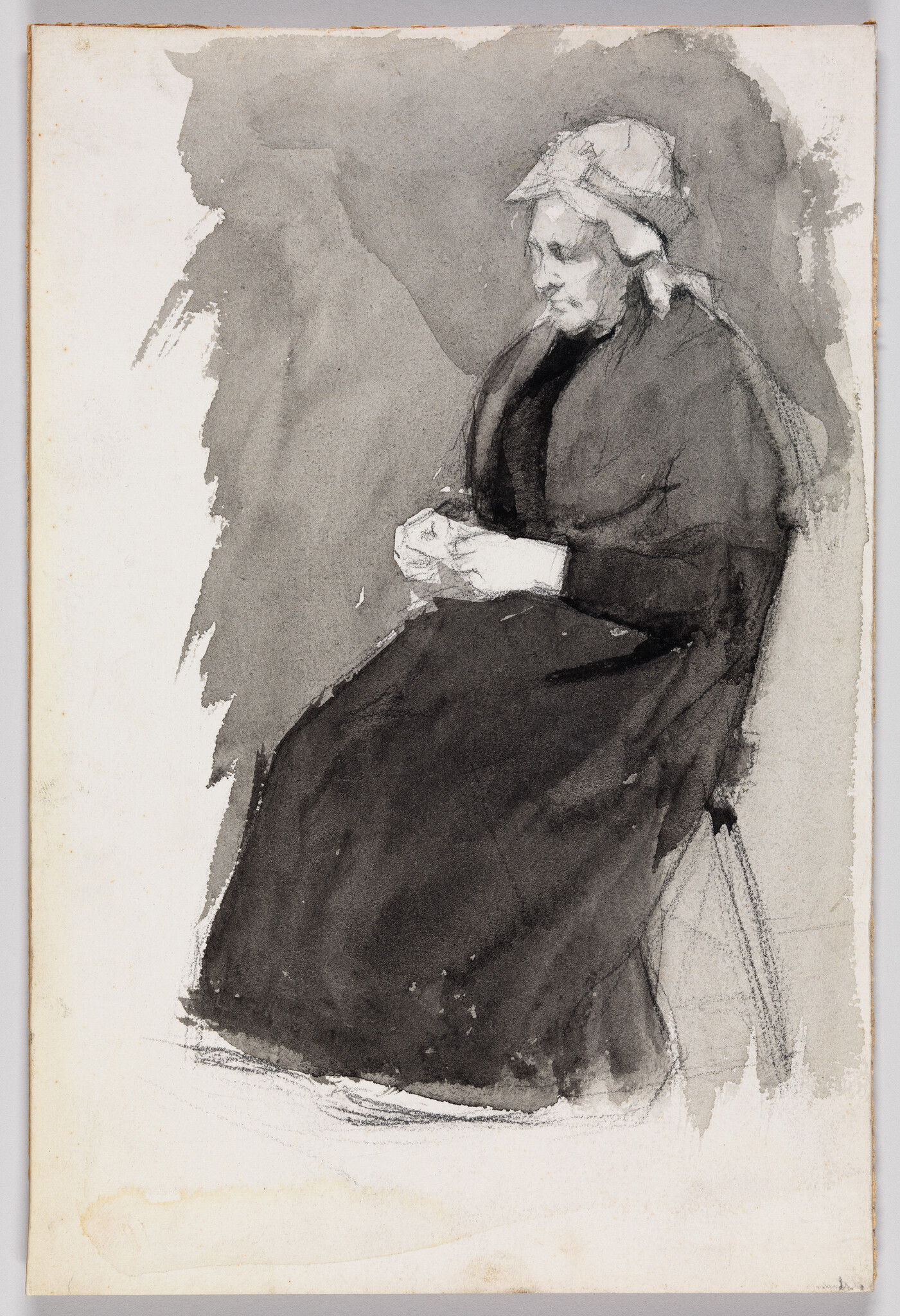 An elderly woman sits wearing a bonnet and quietly sewing with her hands in her lap.