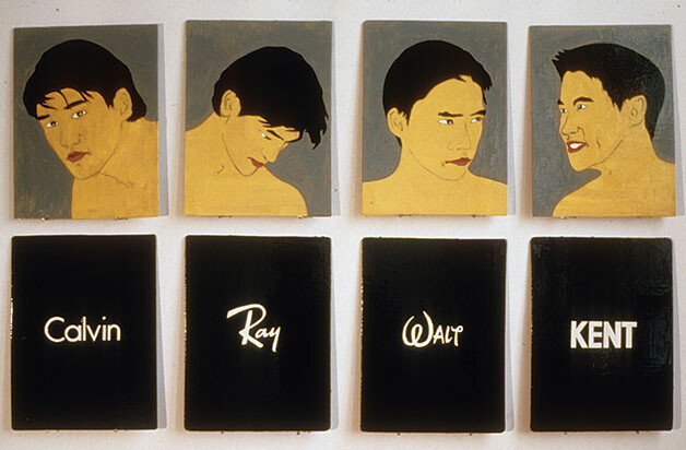 Four painted male portraits above four black panels labeled Calvin, Ray, Walt, and Kent.