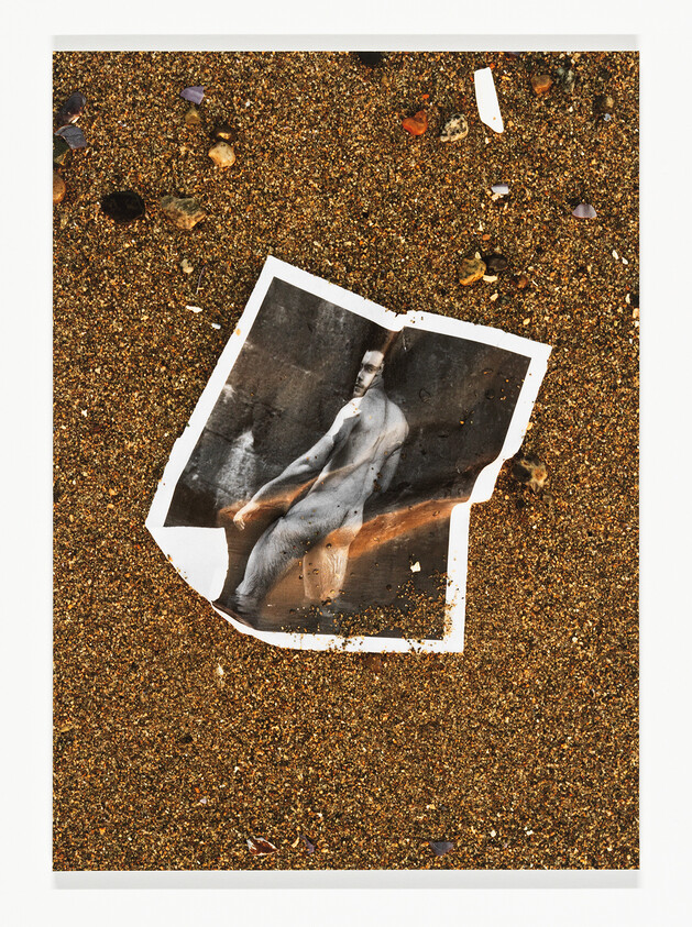 A torn black-and-white photograph of a person lies on wet sand among small pebbles.