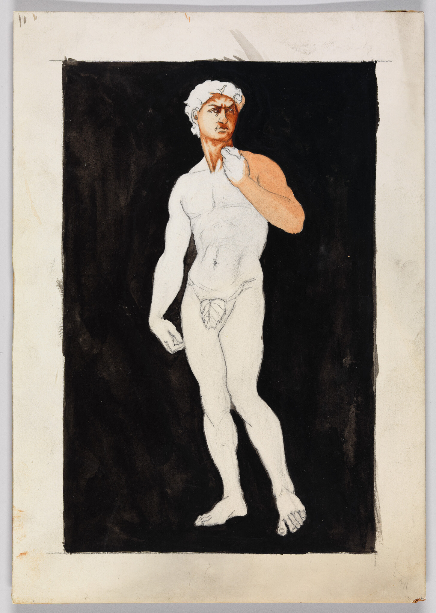 A standing male nude sketch with one hand near his chest against a dark background.