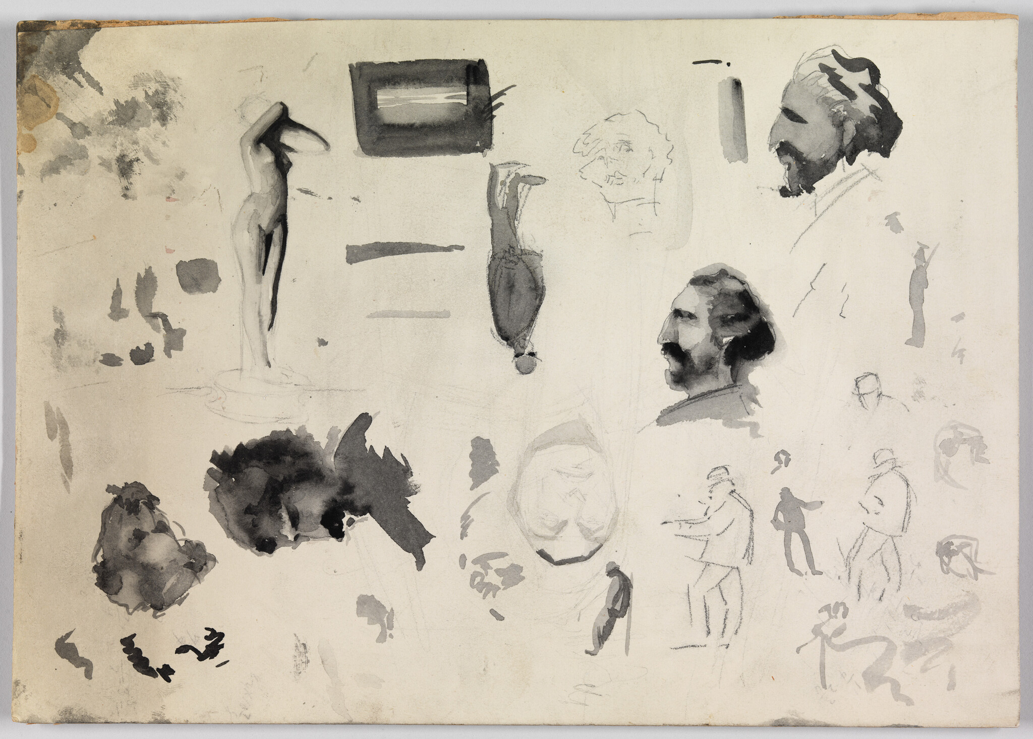 Various ink studies of male heads, small standing figures, and a nude statue on paper.