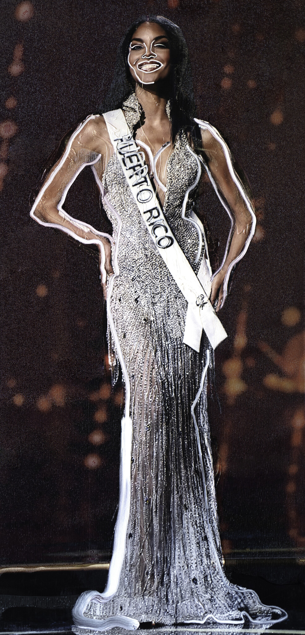 Beauty queen wearing a sparkling gown and Puerto Rico sash smiling confidently on stage.