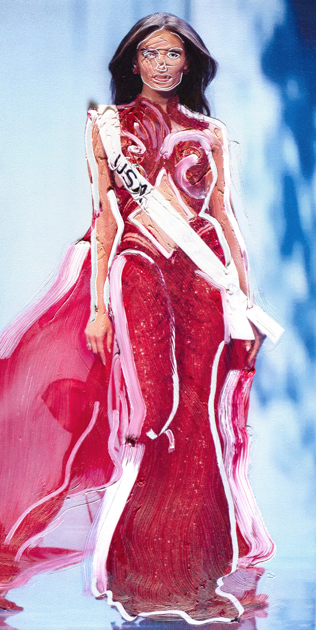 Woman wearing a red evening gown and USA sash walking confidently on a runway.