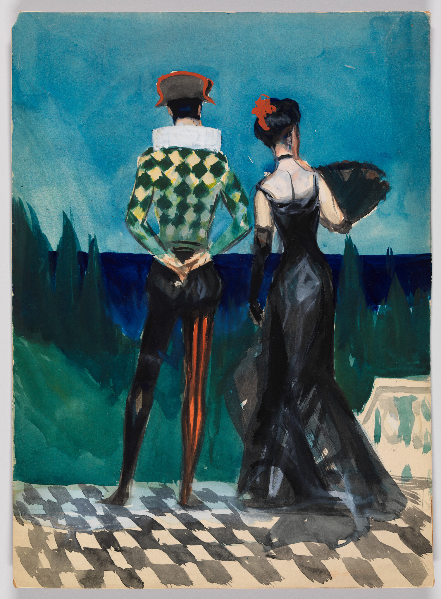A man in a harlequin costume and a woman in a black gown stand on a checkered terrace.