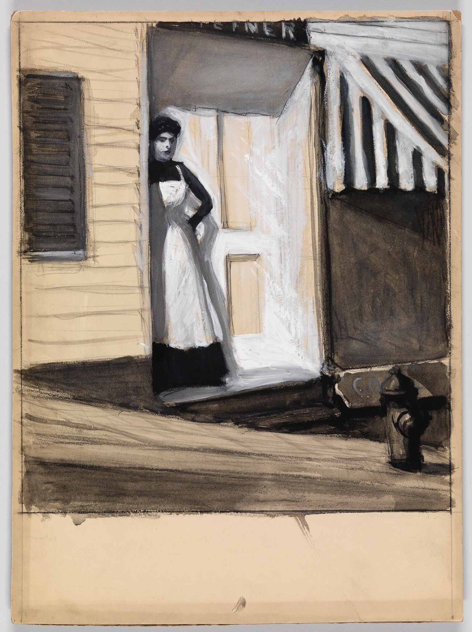 A woman in a white apron stands in a shaded diner doorway under a striped awning.