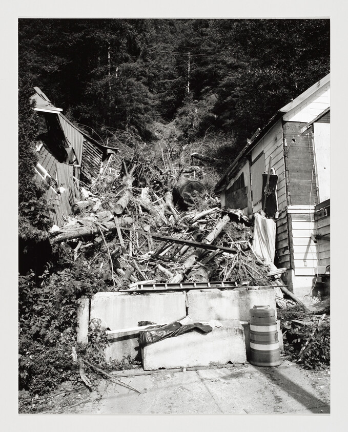 Collapsed slope with uprooted trees and debris piled between two damaged houses behind concrete barriers.