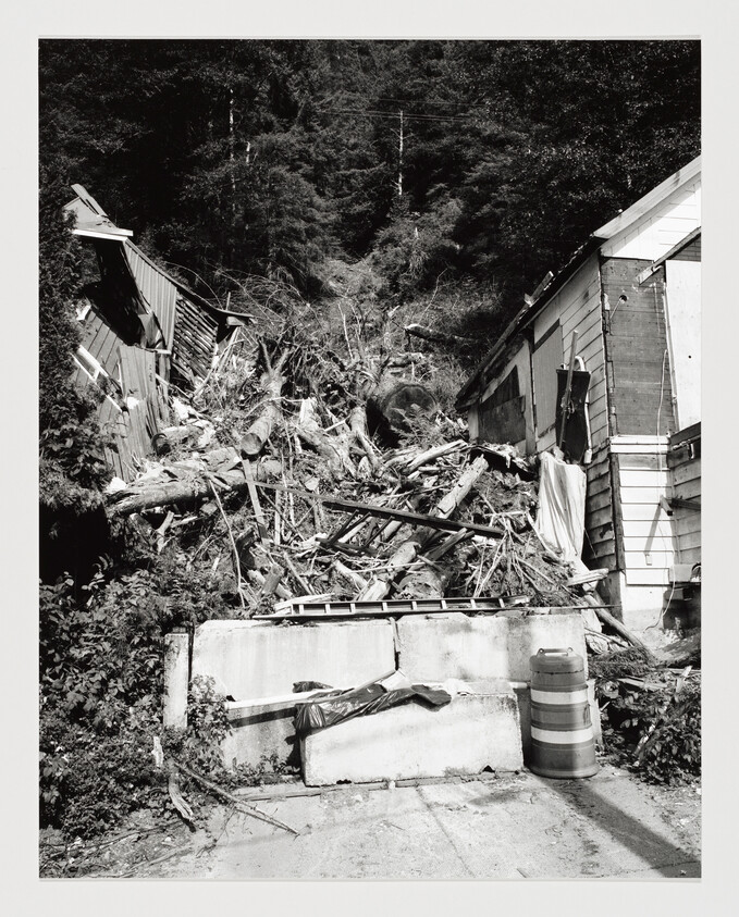 Collapsed hillside debris and fallen trees fill the space between two damaged houses.