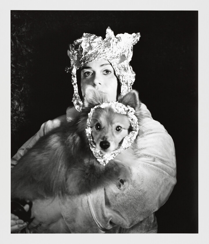 Person wearing a tin foil hat holds a small dog with aluminum foil around its face.