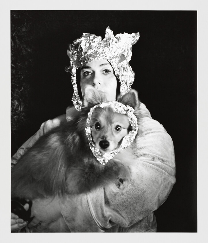 Person wearing aluminum foil hat holds small dog with foil wrapped around its face.