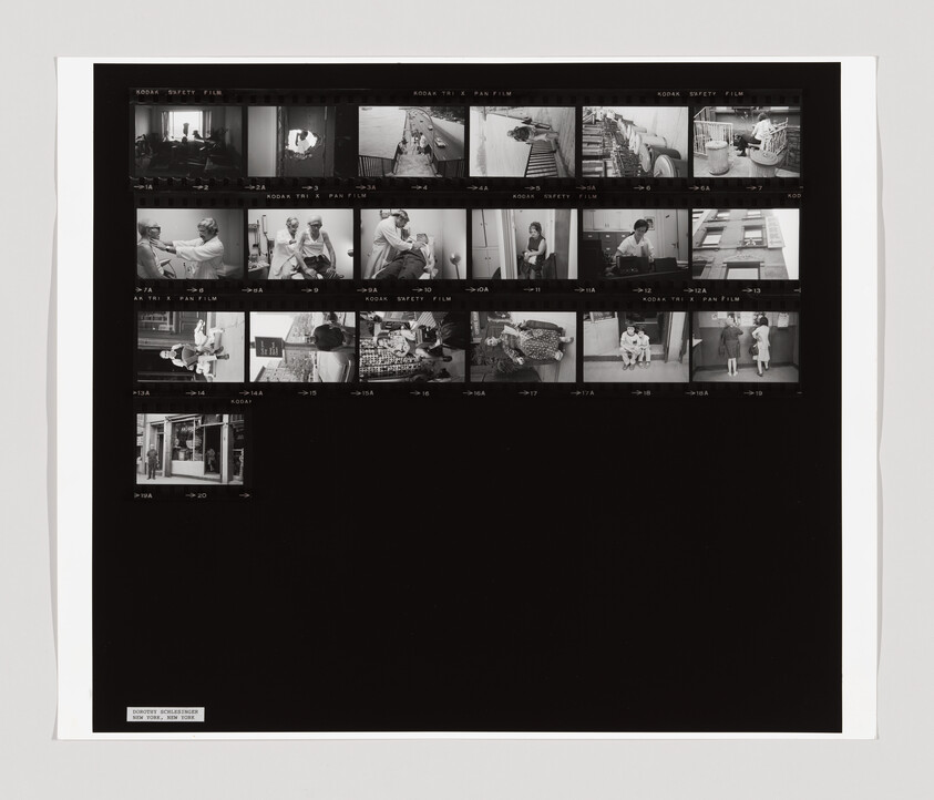 Contact sheet showing small black-and-white film frames of people in domestic and street scenes.