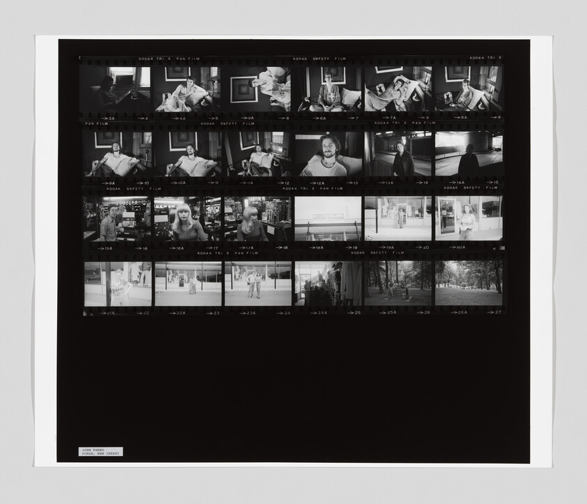 A black and white contact sheet shows people sitting indoors, shopping, standing outside, and walking in a park.