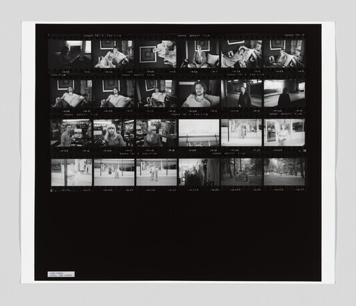 Black-and-white photographic contact sheet showing multiple small portrait and street scene frames on film.