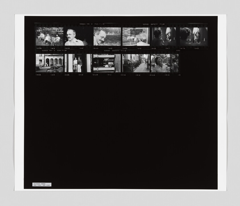 A contact sheet with small black-and-white photos showing people in various outdoor and indoor scenes, some talking.