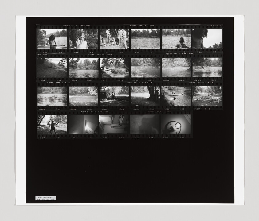 A sheet of black-and-white film negatives shows people by a river, trees, and some indoor scenes.