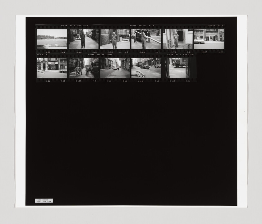 A contact sheet with twelve black-and-white street photos, showing people walking and standing in an urban area.