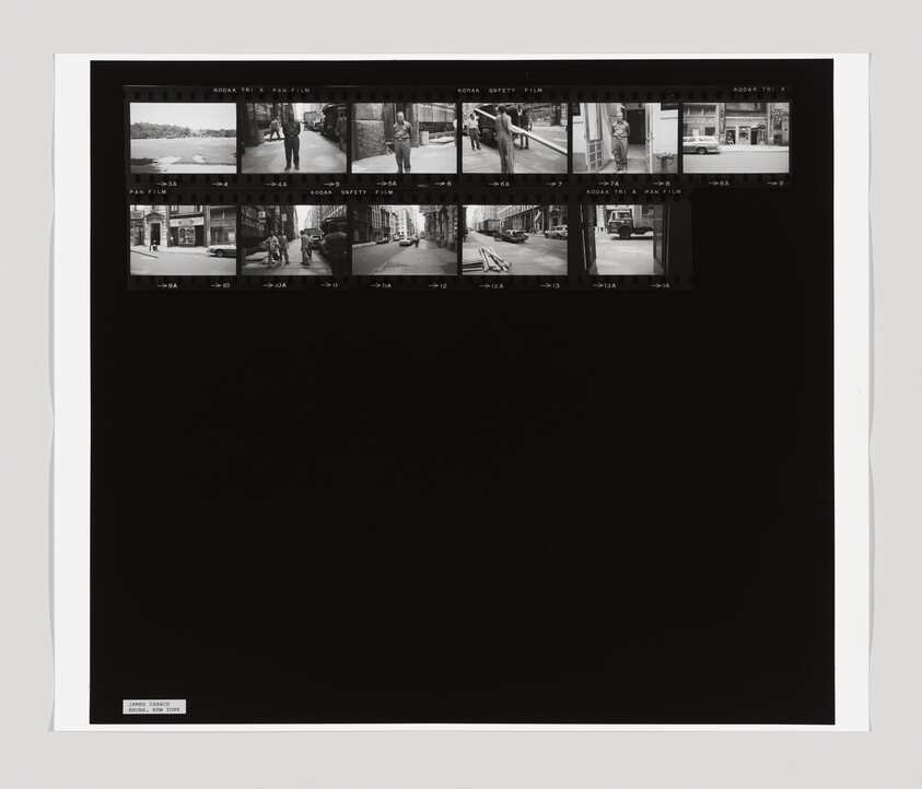 Black-and-white contact sheet showing small street photographs arranged across the top of a dark background.