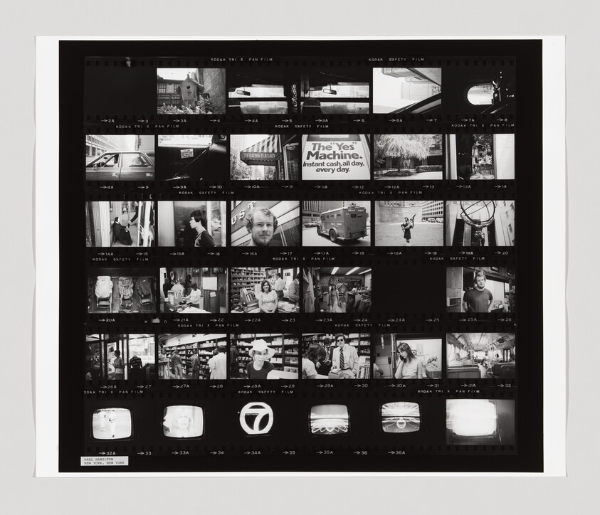 A black and white contact sheet shows various city scenes, people, and a sign reading “The Yes Machine. Instant cash all day, every day.”