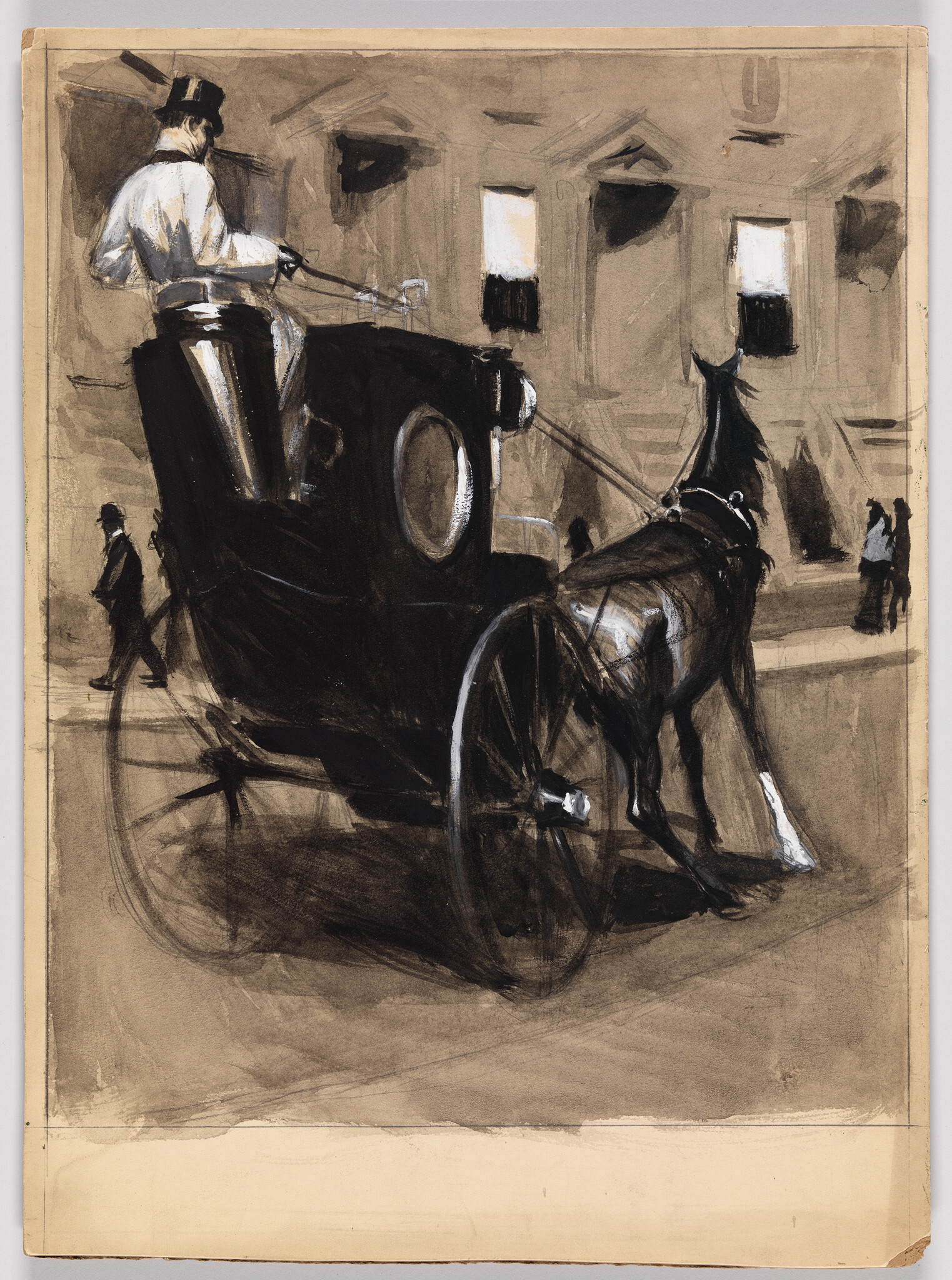 A driver steers a horse-drawn carriage through a city street as pedestrians walk nearby.
