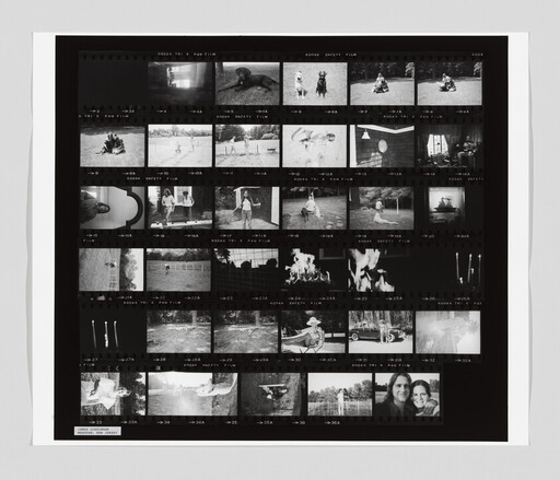 Black-and-white film contact sheet showing multiple small photos of people, dogs, candles, and outdoor scenes.