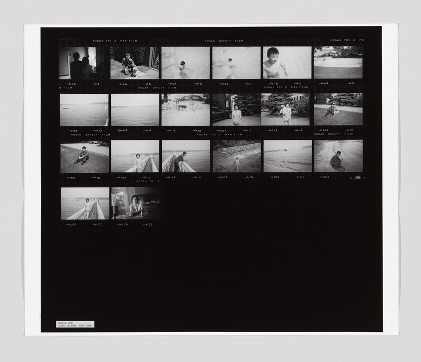 A black and white contact sheet shows various scenes of people, a child, and beach views. Label reads "Long Island, New York."